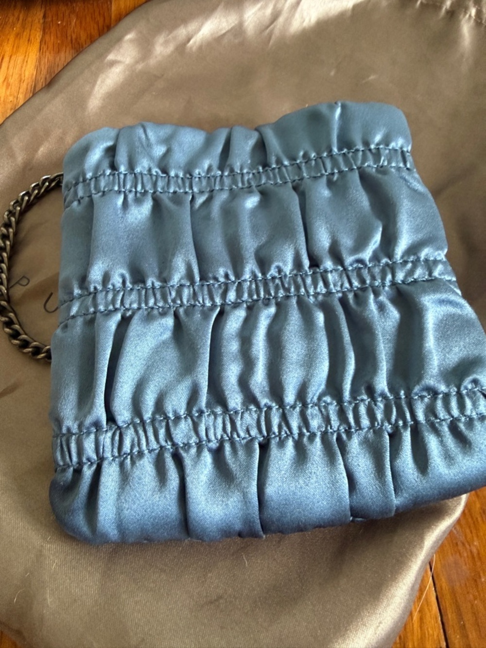 Pura Lopez Steel Blue Satin Ruched Chain Crossbody - Picture 2 of 5